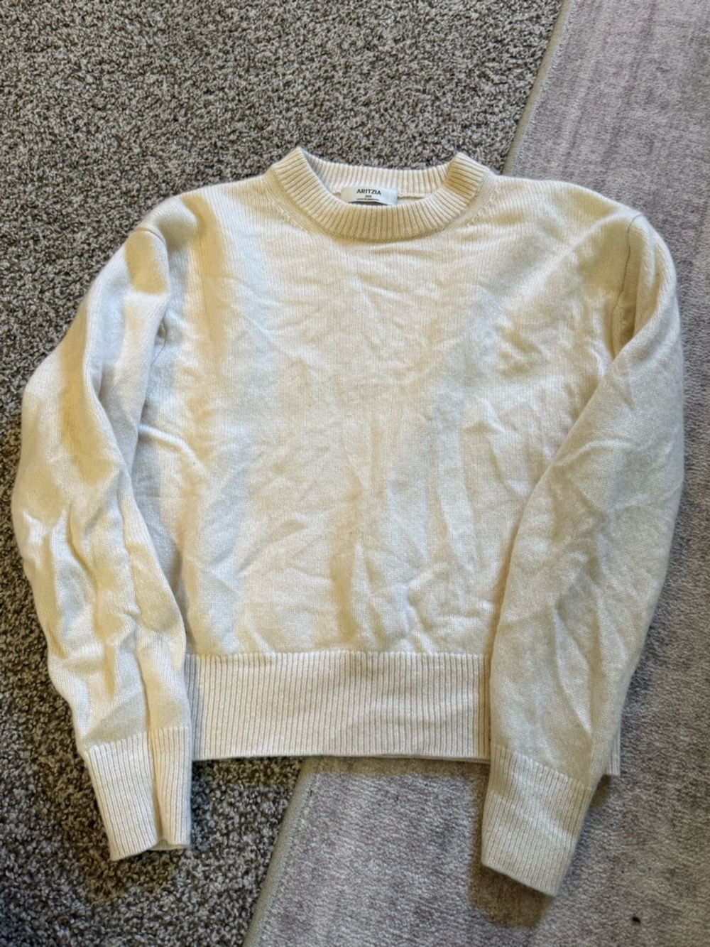 Aritzia Light Cream Round-Neck Ribbed Hem Sweater